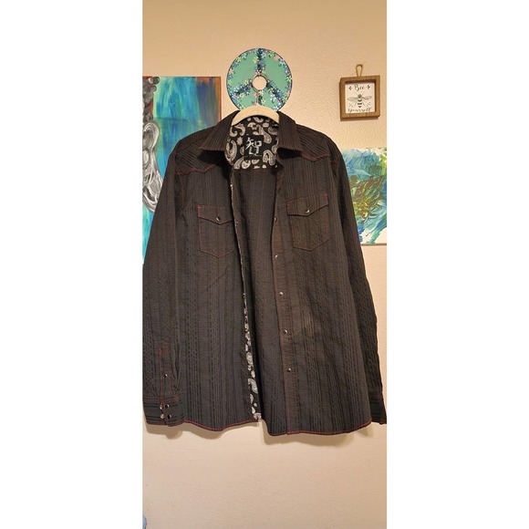 Black Large mens Age of Wisdom button up textured shirt dress paisley inside - Picture 1 of 10